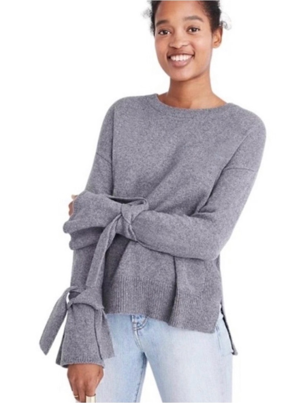 Madewell Women’s Charcoal Gray Crewneck Sweater with Tie Cuffs